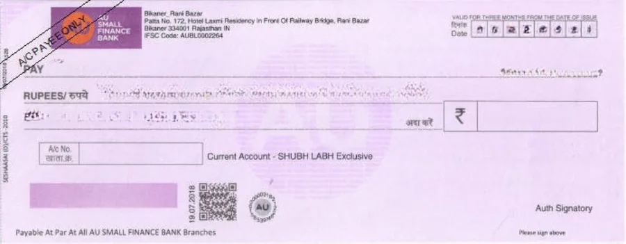 AU Small Finance Bank cheque leaf template in ChequePrint, showing date, payee, and amount fields aligned