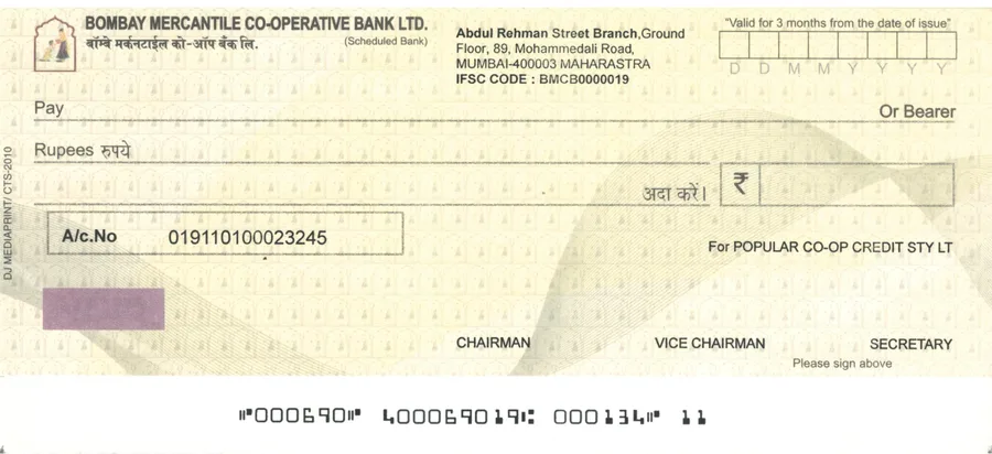BMCB (Bombay Mercantile Co-operative Bank) cheque leaf template in ChequePrint, showing date, payee, and amount fields aligned