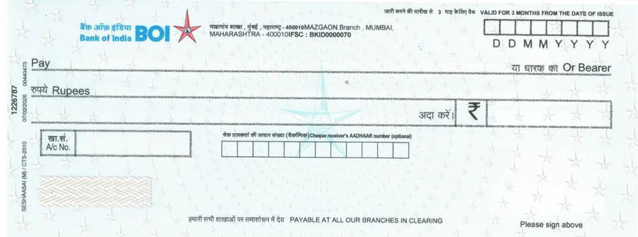 Bank of India cheque leaf template in ChequePrint, showing date, payee, and amount fields aligned