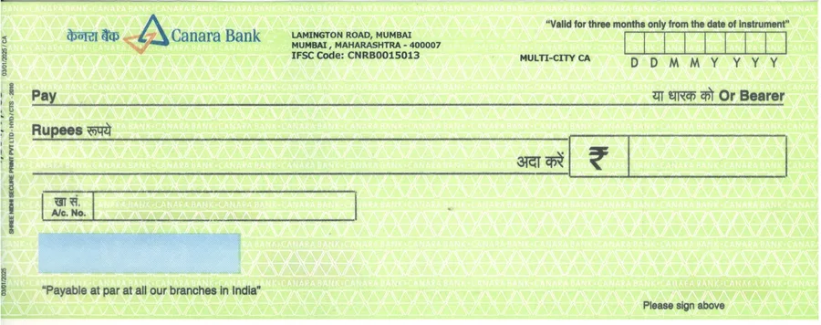 Canara Bank cheque leaf template in ChequePrint, showing date, payee, and amount fields aligned