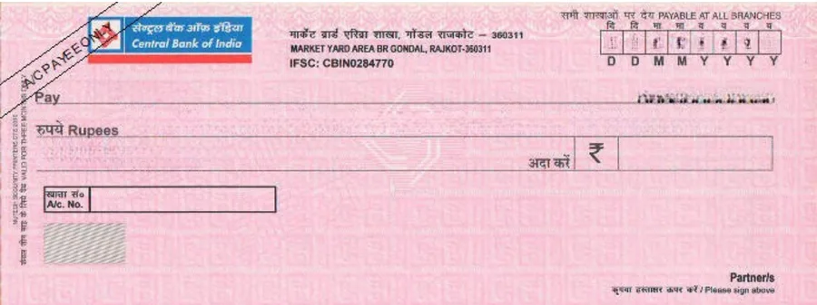 Central Bank of India cheque leaf template in ChequePrint, showing date, payee, and amount fields aligned