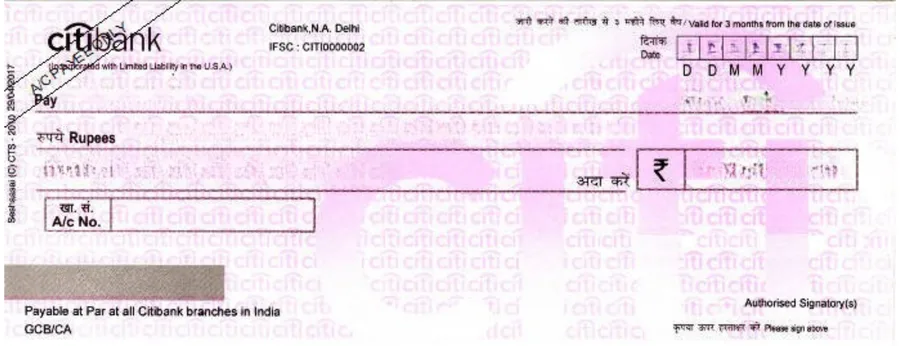 Citibank cheque leaf template in ChequePrint, showing date, payee, and amount fields aligned