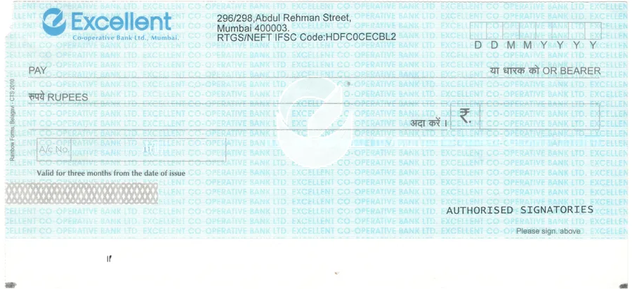 ECB (Excellent Co-operative Bank) cheque leaf template in ChequePrint, showing date, payee, and amount fields aligned