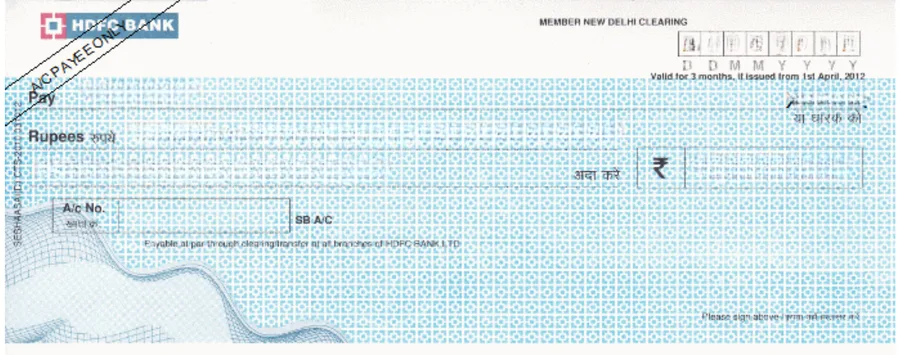 HDFC Bank cheque leaf template in ChequePrint, showing date, payee, and amount fields aligned