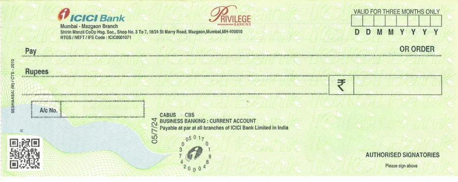 ICICI Bank cheque leaf template in ChequePrint, showing date, payee, and amount fields aligned