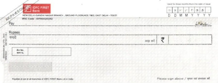 IDFC FIRST Bank cheque leaf template in ChequePrint, showing date, payee, and amount fields aligned