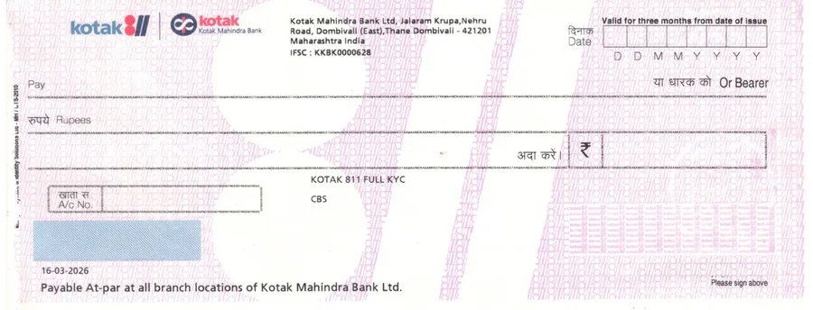 Kotak Mahindra Bank cheque leaf template in ChequePrint, showing date, payee, and amount fields aligned