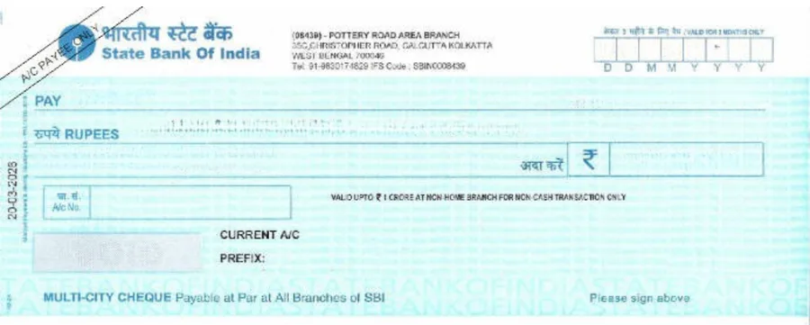 SBI cheque leaf template in ChequePrint, showing date, payee, and amount fields aligned