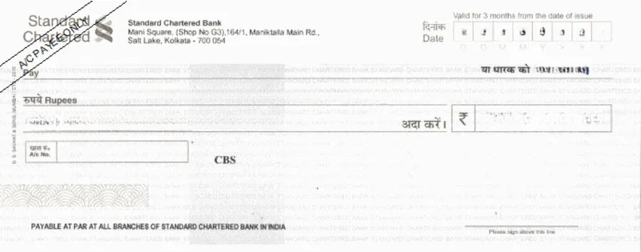 Standard Chartered Bank cheque leaf template in ChequePrint, showing date, payee, and amount fields aligned