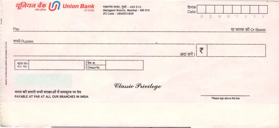 Union Bank of India cheque leaf template in ChequePrint, showing date, payee, and amount fields aligned