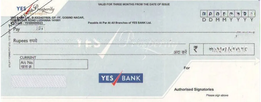 Yes Bank cheque leaf template in ChequePrint, showing date, payee, and amount fields aligned